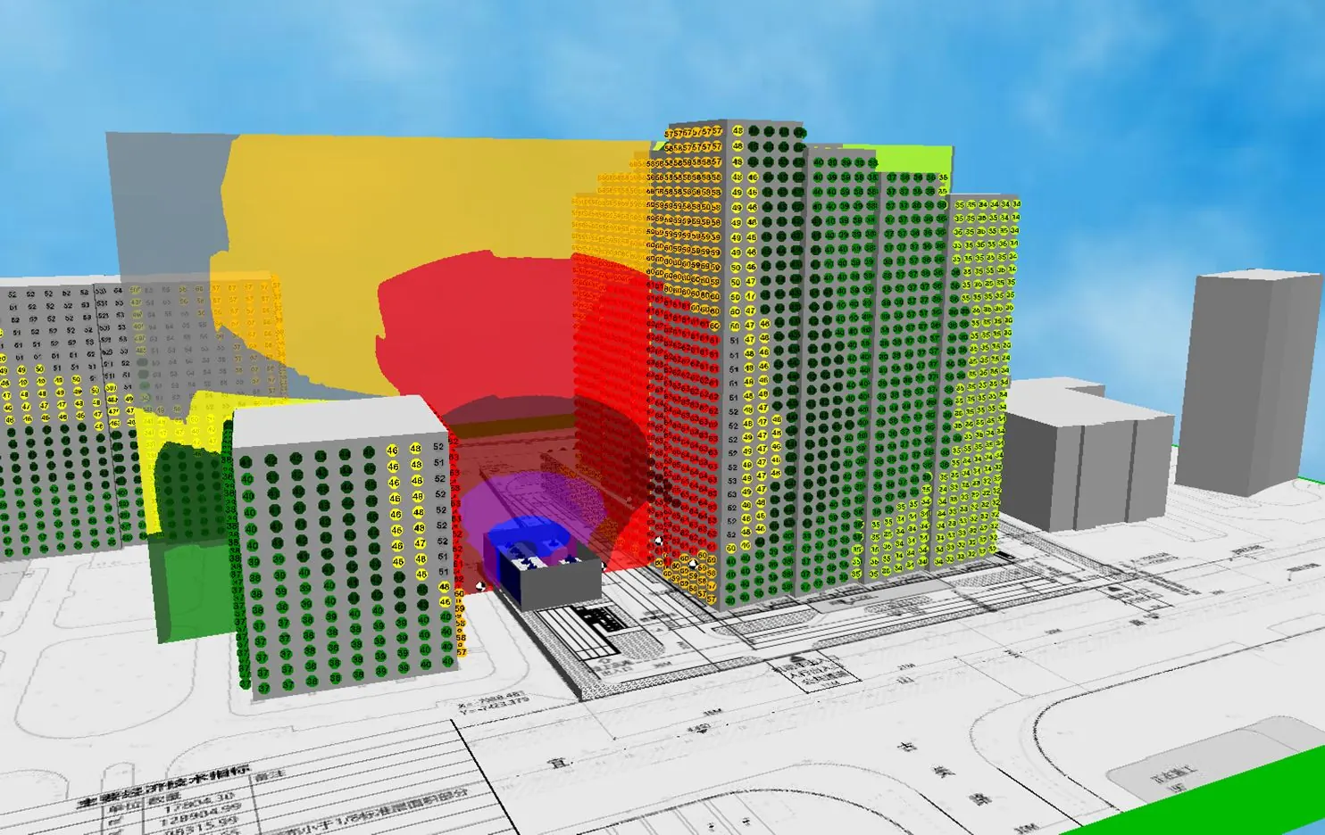 3D acoustic model with color-coded facade noise levels on surrounding buildings