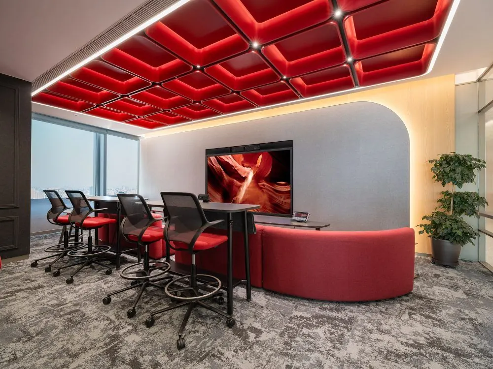 Event room with a red coffered ceiling and a skyline view