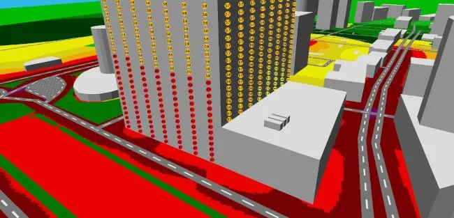 Example facade noise map for hotel evaluating traffic and rooftop equipment noise exposure.