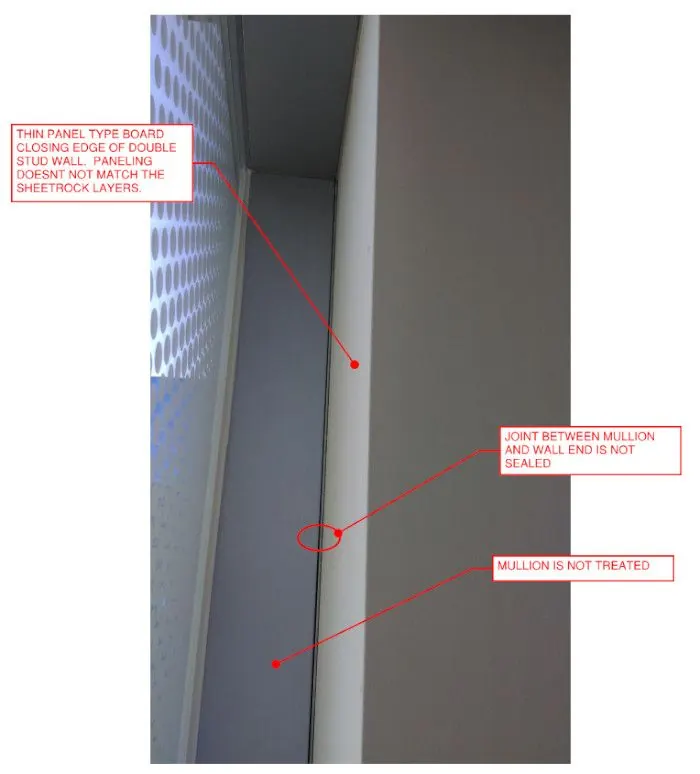 Wall connection to mullion. Here the panel at the end of the wall flexes and felt similar to 5mm wall paneling. Also, this panel could be pushed allowing a sight line into the next room.