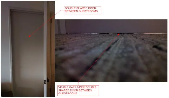 Double shared door between guestrooms, there is no seal below the door as can be seen with the visible gap.